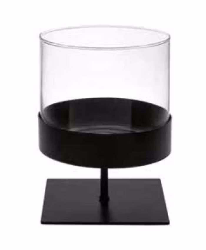 Cilindro vetro 12 cm su piedistallo ferro diametro 13 alto 18 cm