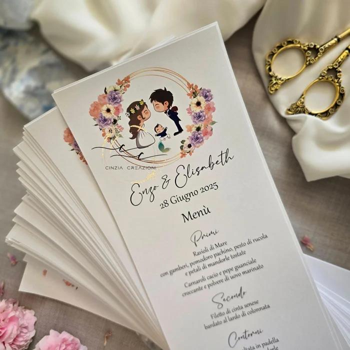Menu Matrimonio Sposini Cartoon Fiori - immagine 2