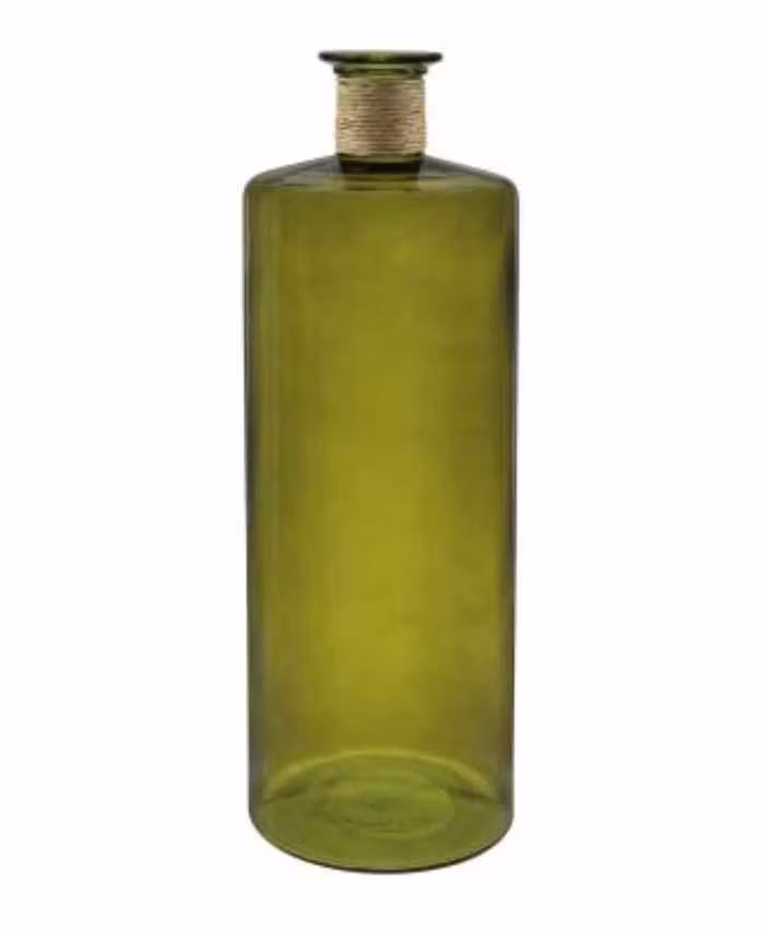 Vaso vetro alto colorato verde bocca stretta con corda diametro 25 alto 75 cm