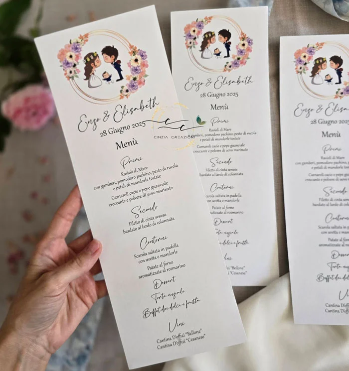 Menu Matrimonio Sposini Cartoon Fiori - immagine 3